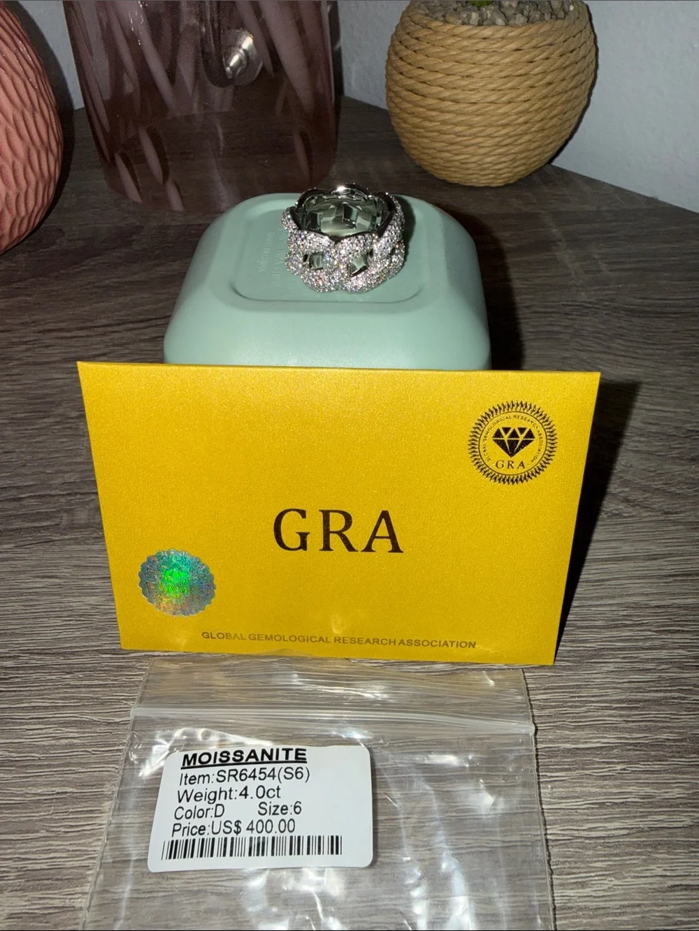 4.0 carat Moissanite ring, size 6.